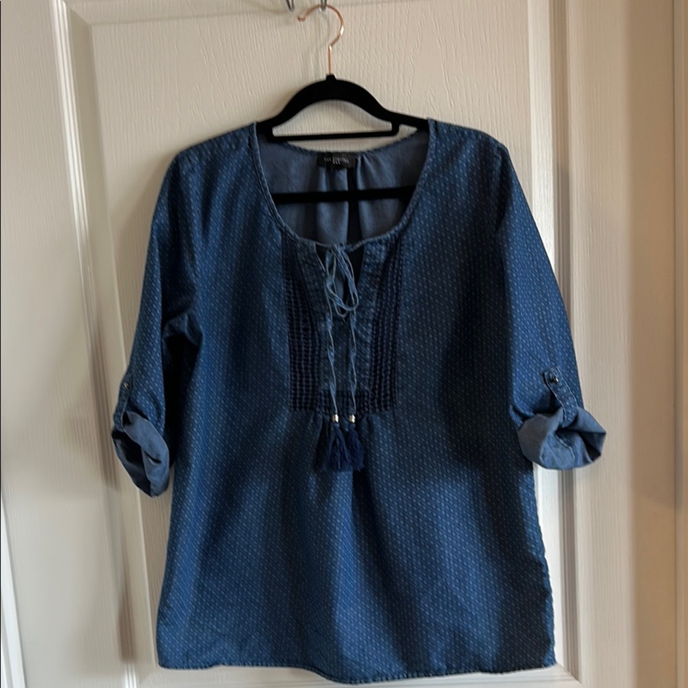 The Limited Blue Chambray Crochet Bib Tie-Front Blouse - Size M